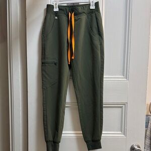 Figs Women’s Green Jogger Scrub Pants with Orange Drawstring